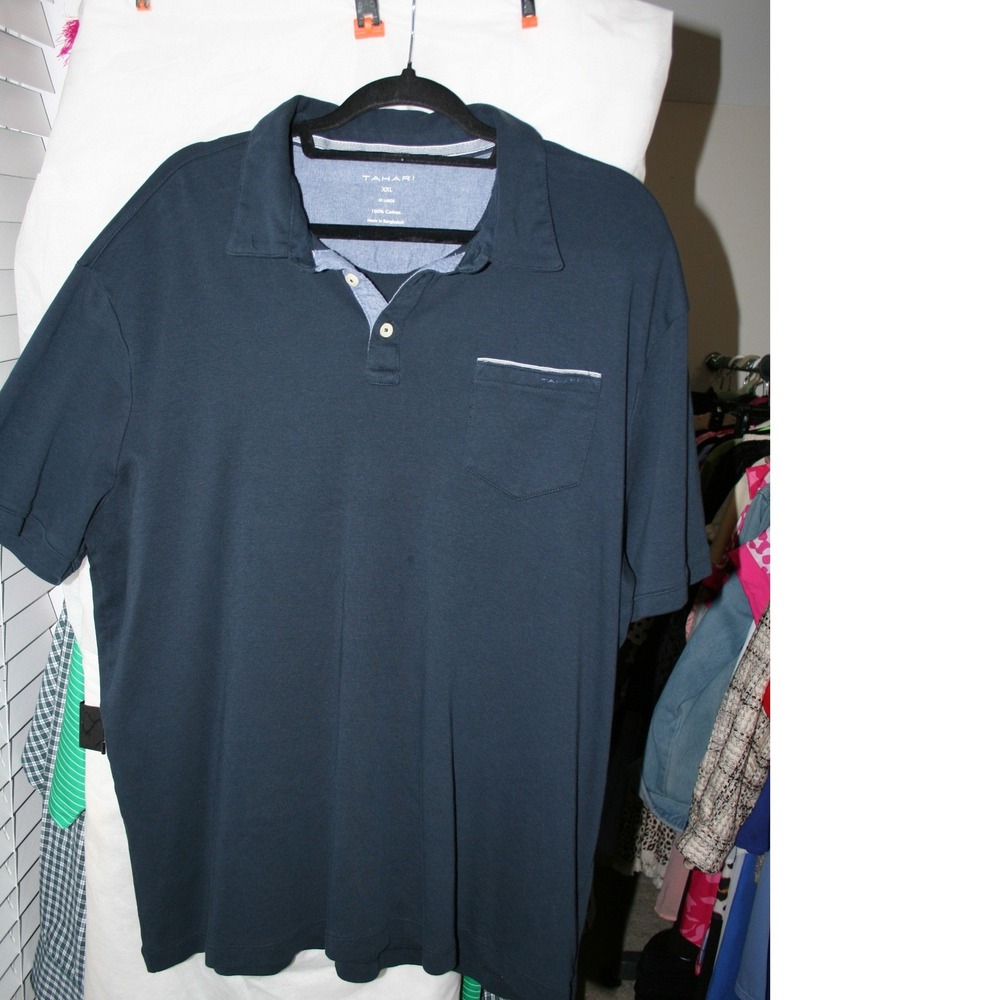 Tahari Mens XXL Navy Blue Cotton Short Sleeve Pocket Polo Shirt 1396353
